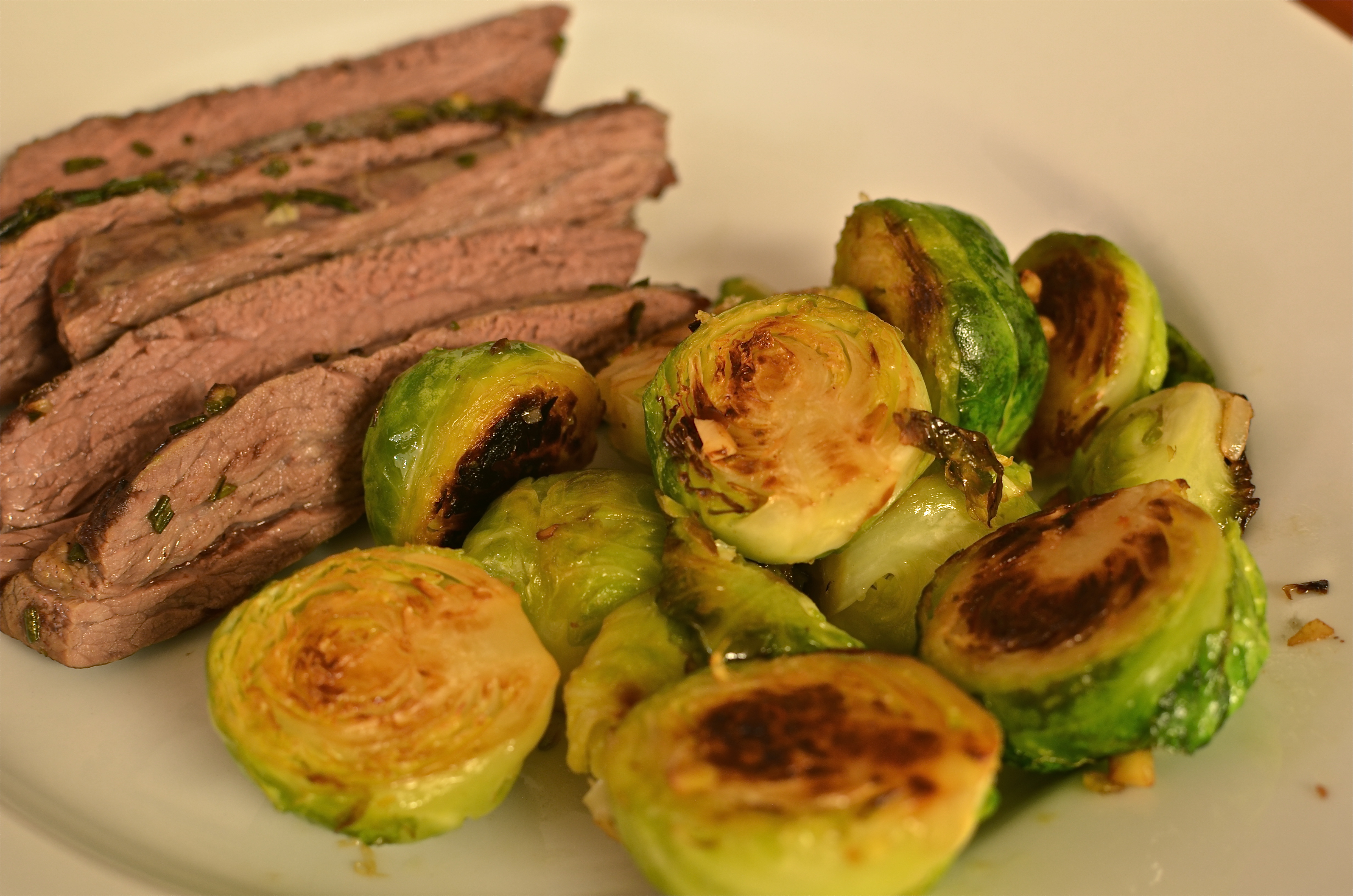 Grilled Flank Steak with Rosemary and Simple Sauteed Brussels Sprouts